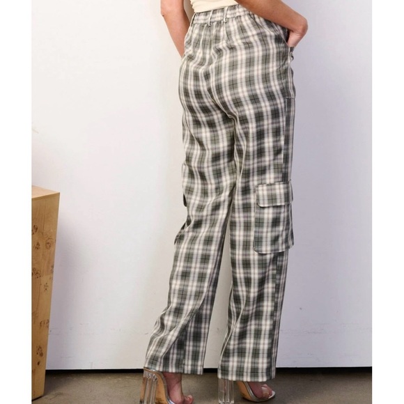 Women Plaid High Waist Wide Leg Multi Check Cargo Green Pants KLESIS - Picture 3 of 10